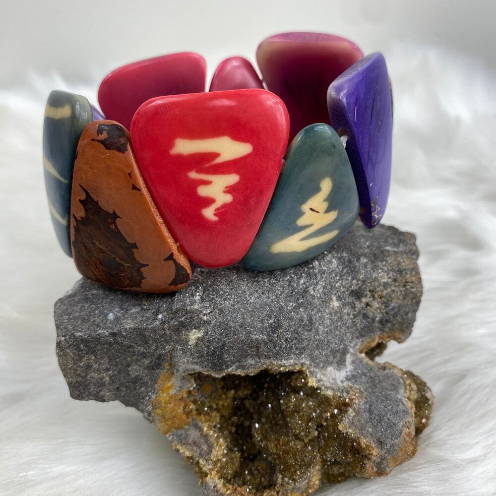 Chunky Natural Bright & Bold Colorful Stretch Tagua Nut Beads Bracelet